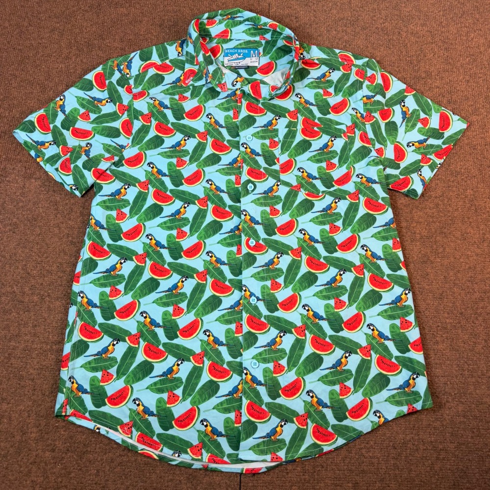 Beach Bros Parrot Watermelon Tropical Print Shirt Mens Medium Blue Short Sleeve